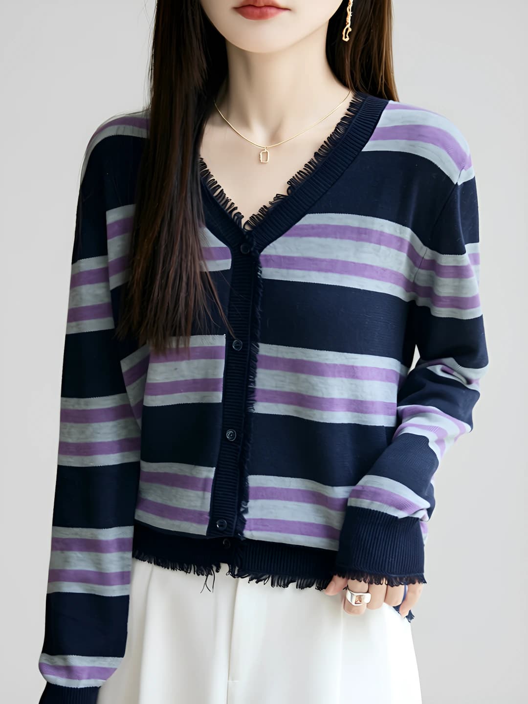 Women's spring-autumn wool lace V-neck striped cardigan, casual style, slimming knit top