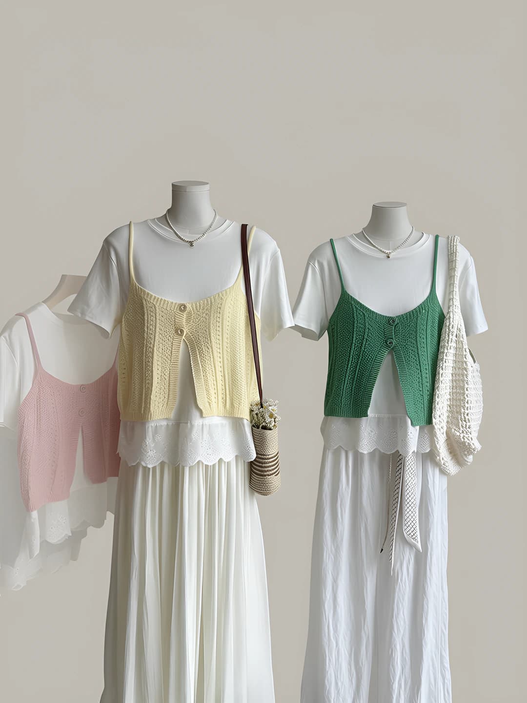 Women's summer Korean style t-shirt and lace knitted camisole set