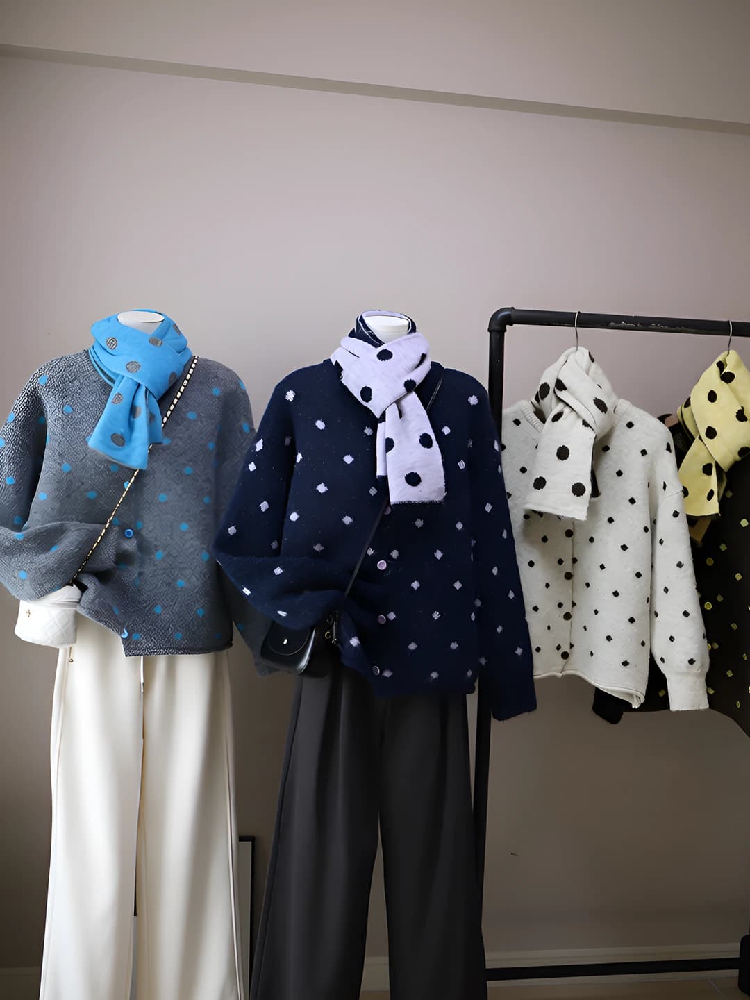 Women's 2026 autumn-winter Korean style crew neck polka dot loose fit thick long sleeve button cardigan