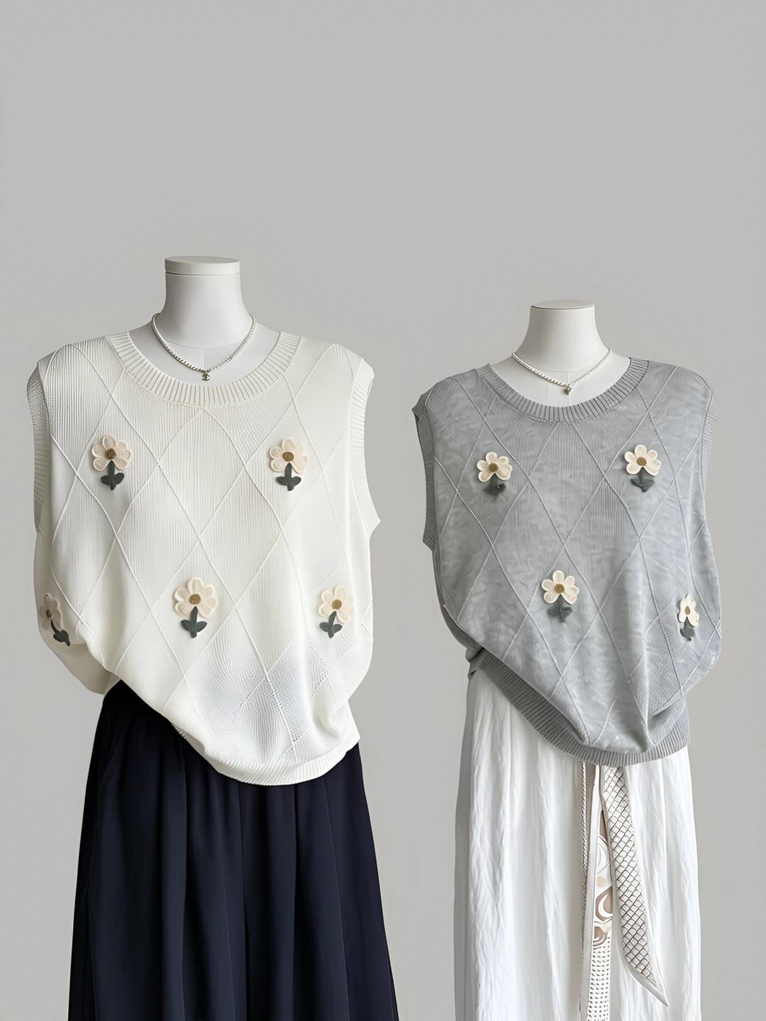 Women's 2026 summer Korean style crew neck floral pattern sleeveless loose fit knitted top