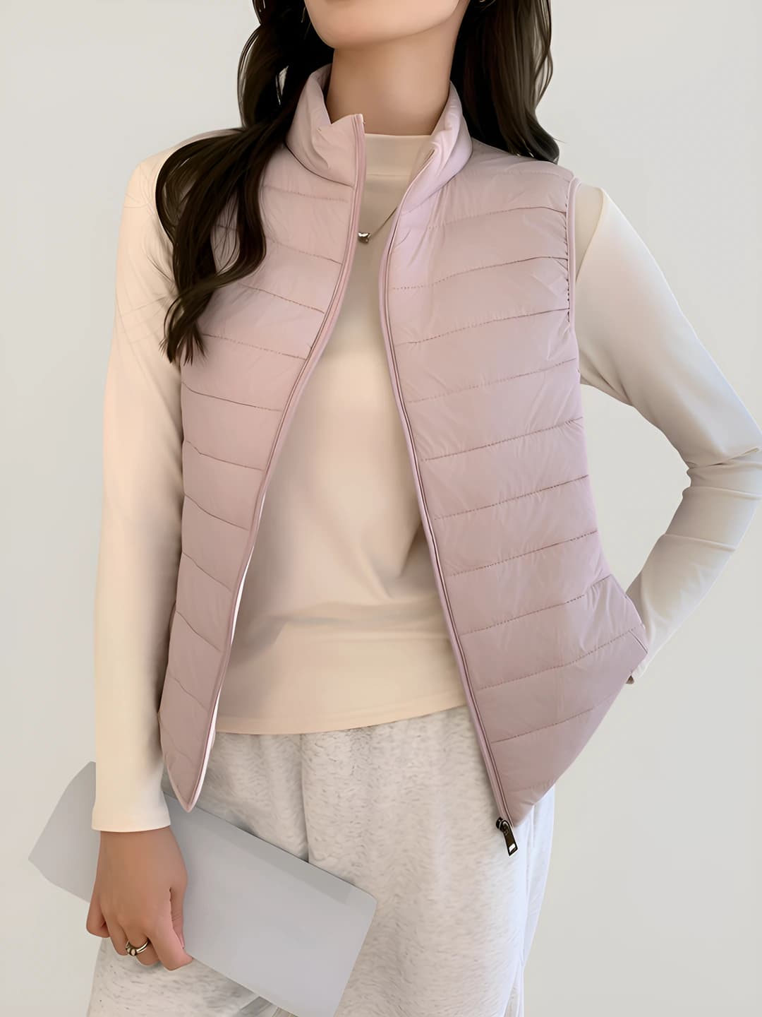 Women's autumn-winter warm windproof wool vest with stand collar and zip