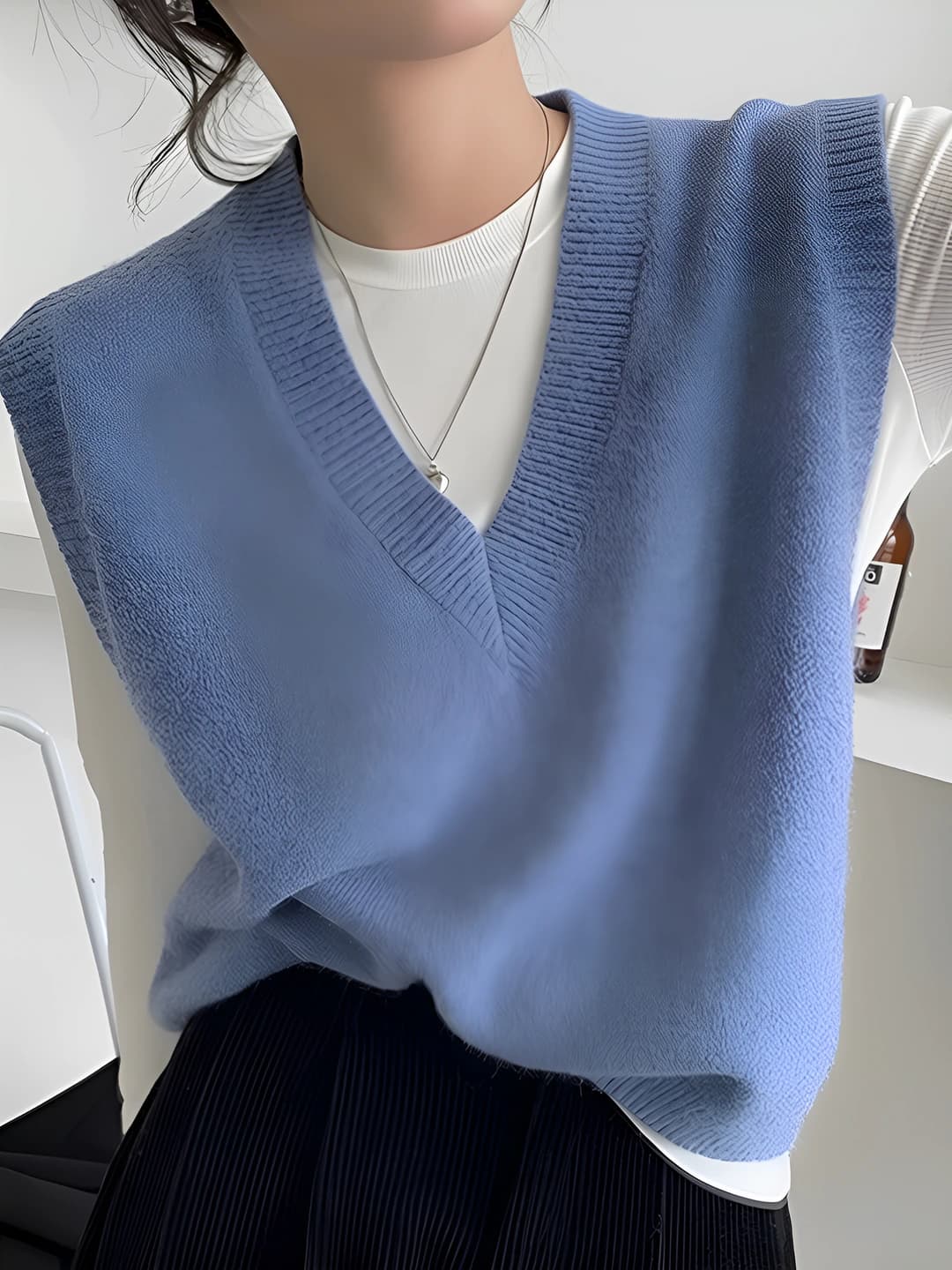Women's wool vest, V-neck, sleeveless, loose fit, solid colour, thick, spring-autumn
