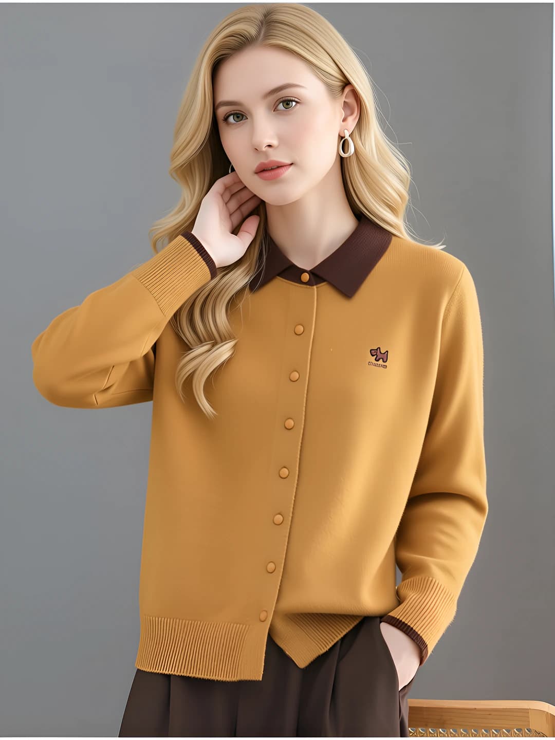 Women's knit cardigan, lapel collar, long sleeve, cropped, loose fit, spring-autumn, 2026