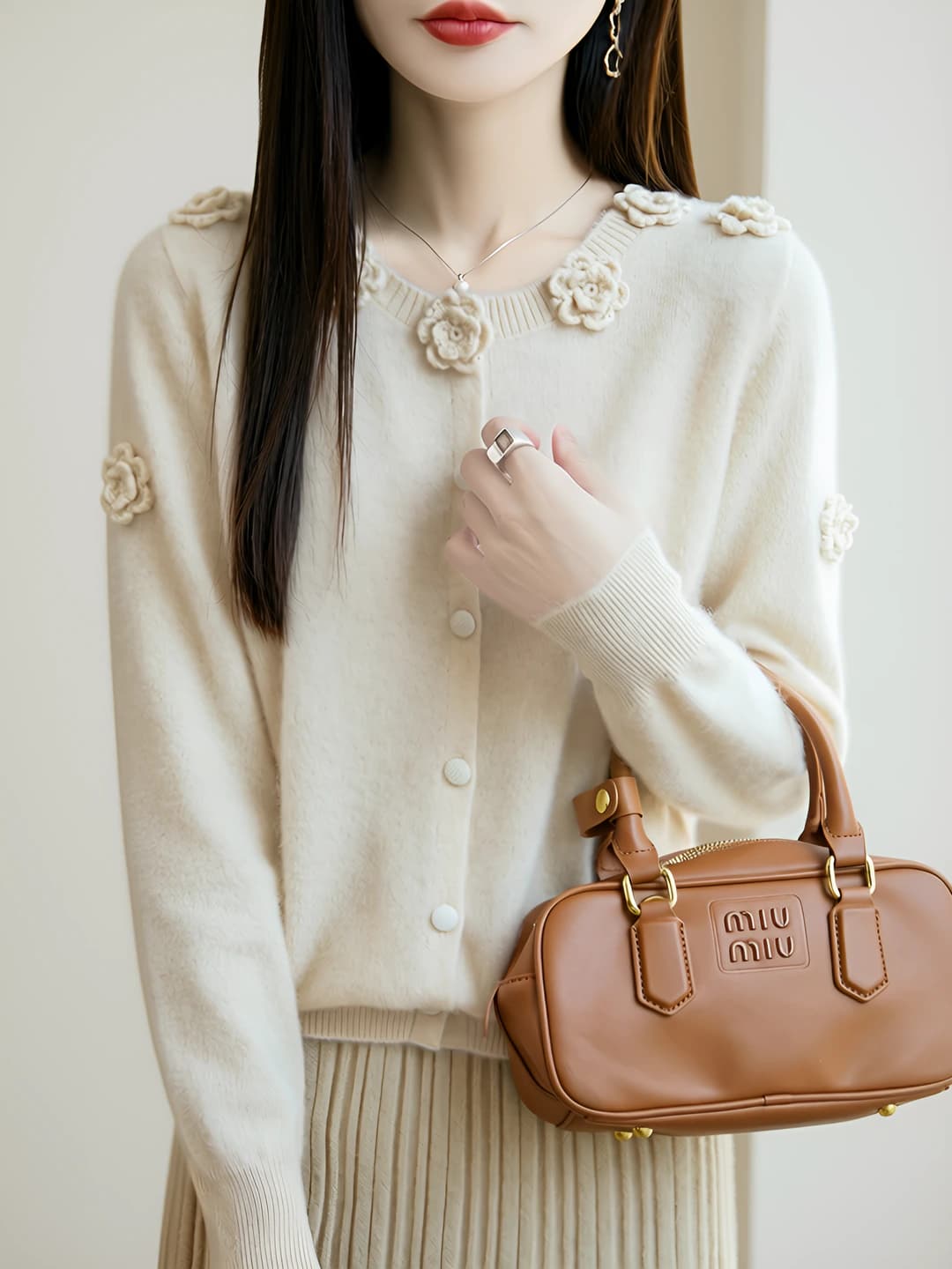 Women's 100% wool and cashmere thickened cardigan, crew neck, long sleeve, loose fit, thick, with closure