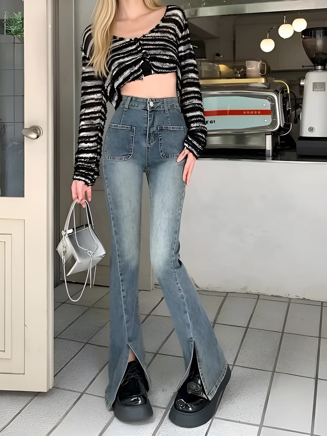 Women's wide and flared jeans retro high waist stretch slimming Korean style spring-autumn