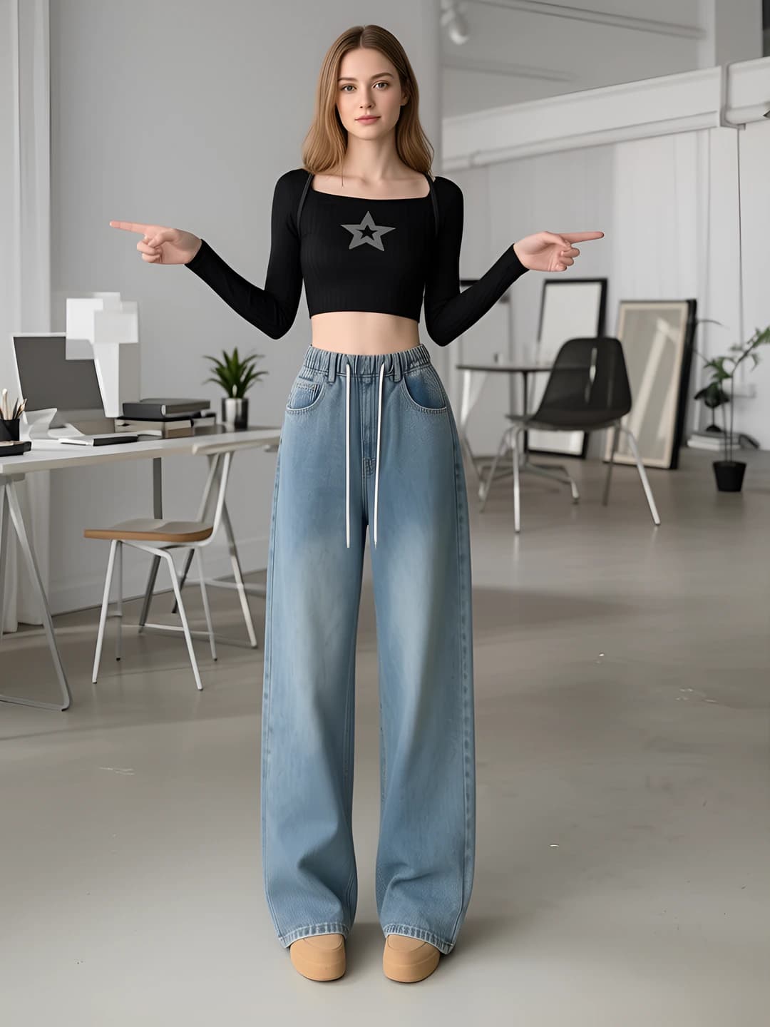 Ayollar uchun retro uslubdagi keng va klesh jinsi shimlar, bahor-kuz uchun, elastik bel, to'g'ri kesim, uzun shim, bo'sh (oversize) fit, kundalik uslub
