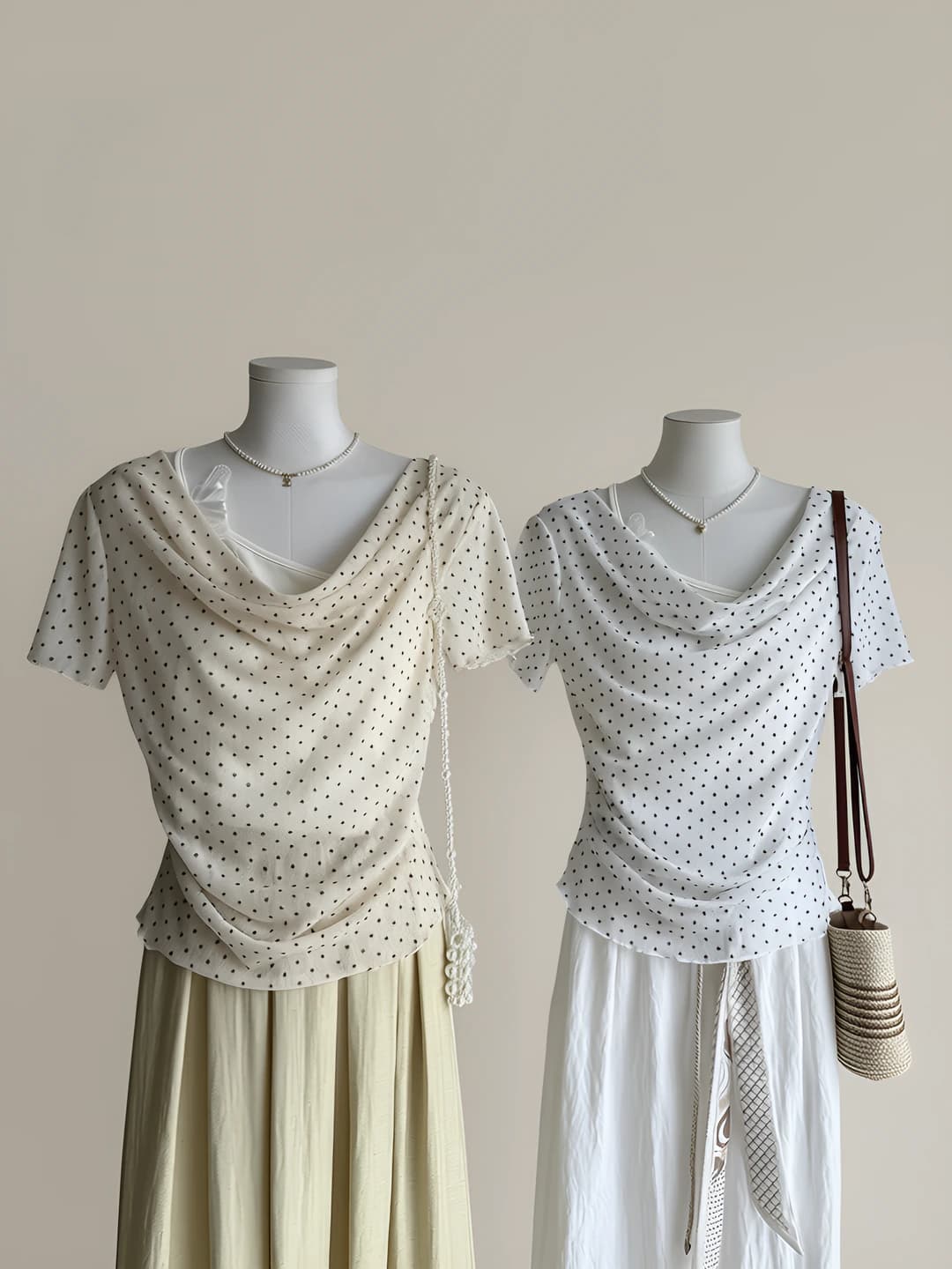 Women's 2026 summer thin short sleeve polka dot faux two-piece cowl-neck t-shirt