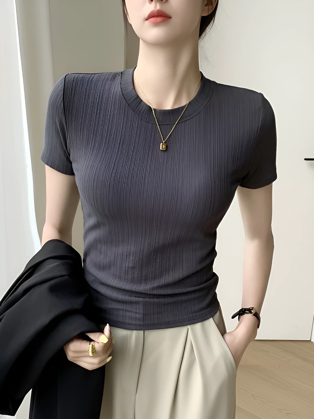 Women's short-sleeve crew neck t-shirt, striped/checked, slim fit, breathable, summer