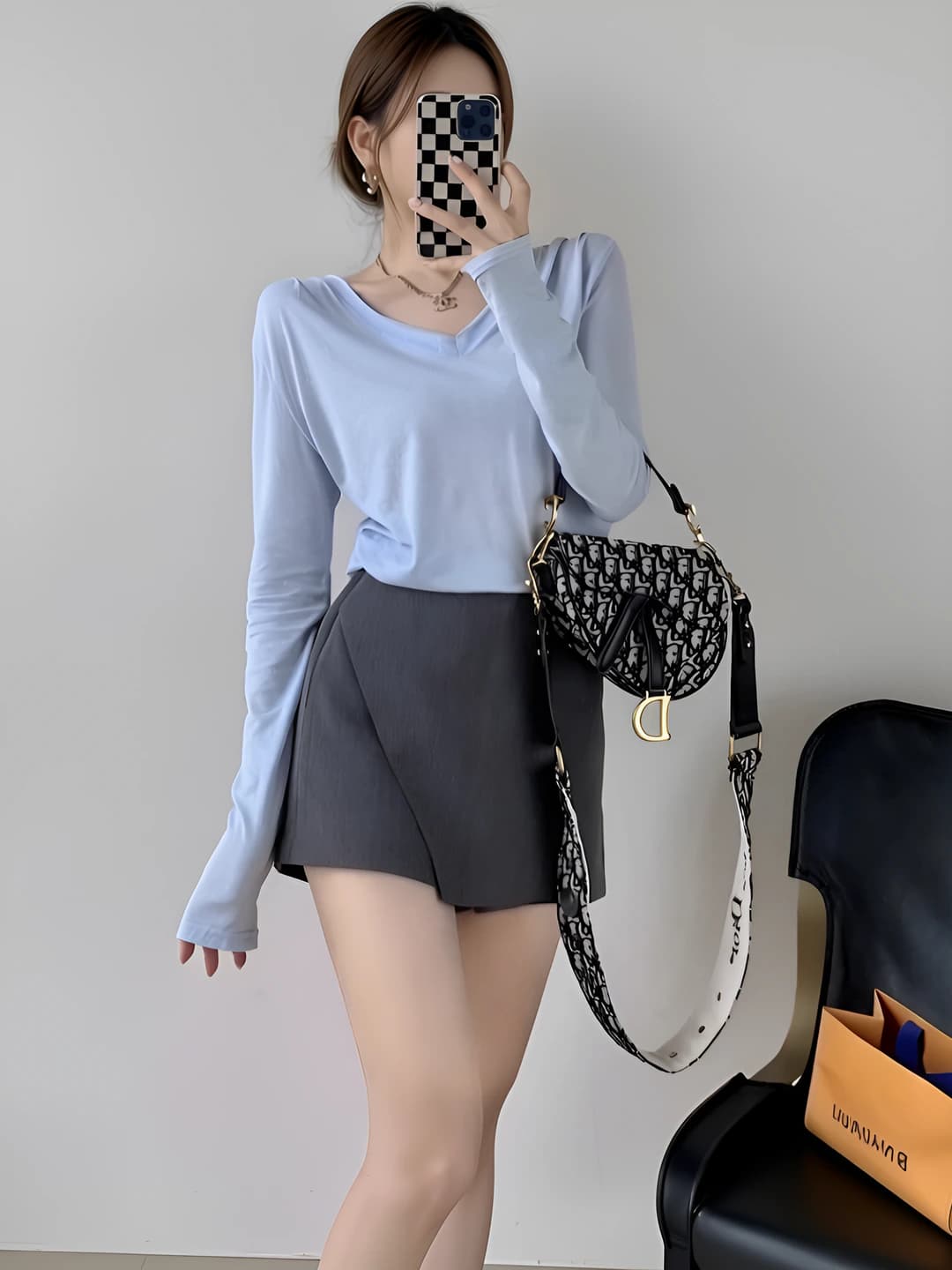 Women's plus size high waist A-line checked slimming Korean style summer skort