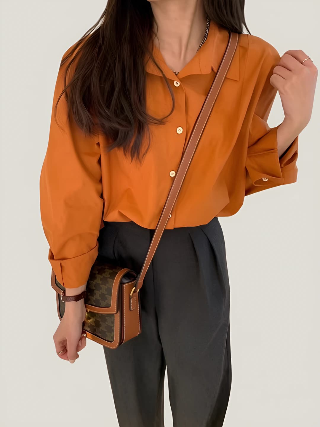 Women's retro orange long-sleeve shirt, pure cotton, loose fit, sun-protective, spring-summer