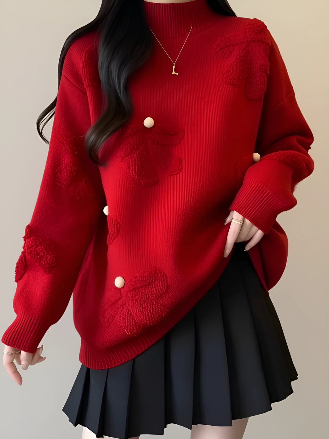 Women's plus size red floral loose fit sweater, autumn-winter, crew neck, long sleeve, mid-length