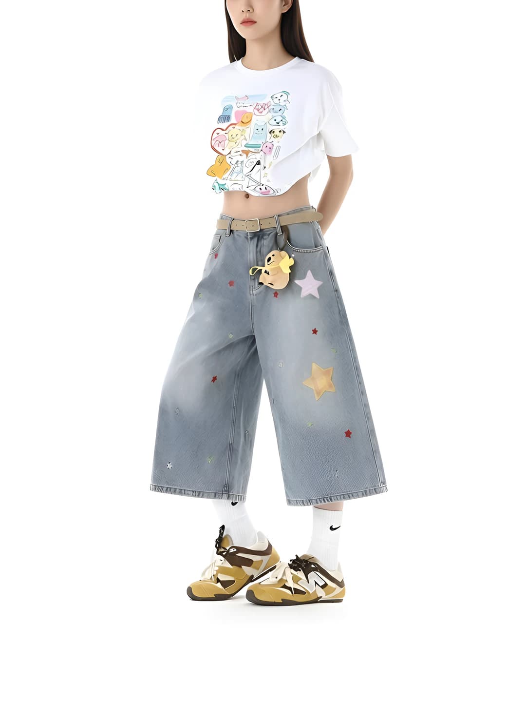 Women's summer retro printed jeans, high waist, straight cut, loose fit, wide and flared jeans, capri trousers