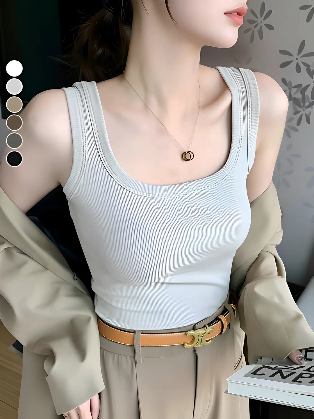 Women's summer slim fit solid colour tank top in roman cotton, casual style