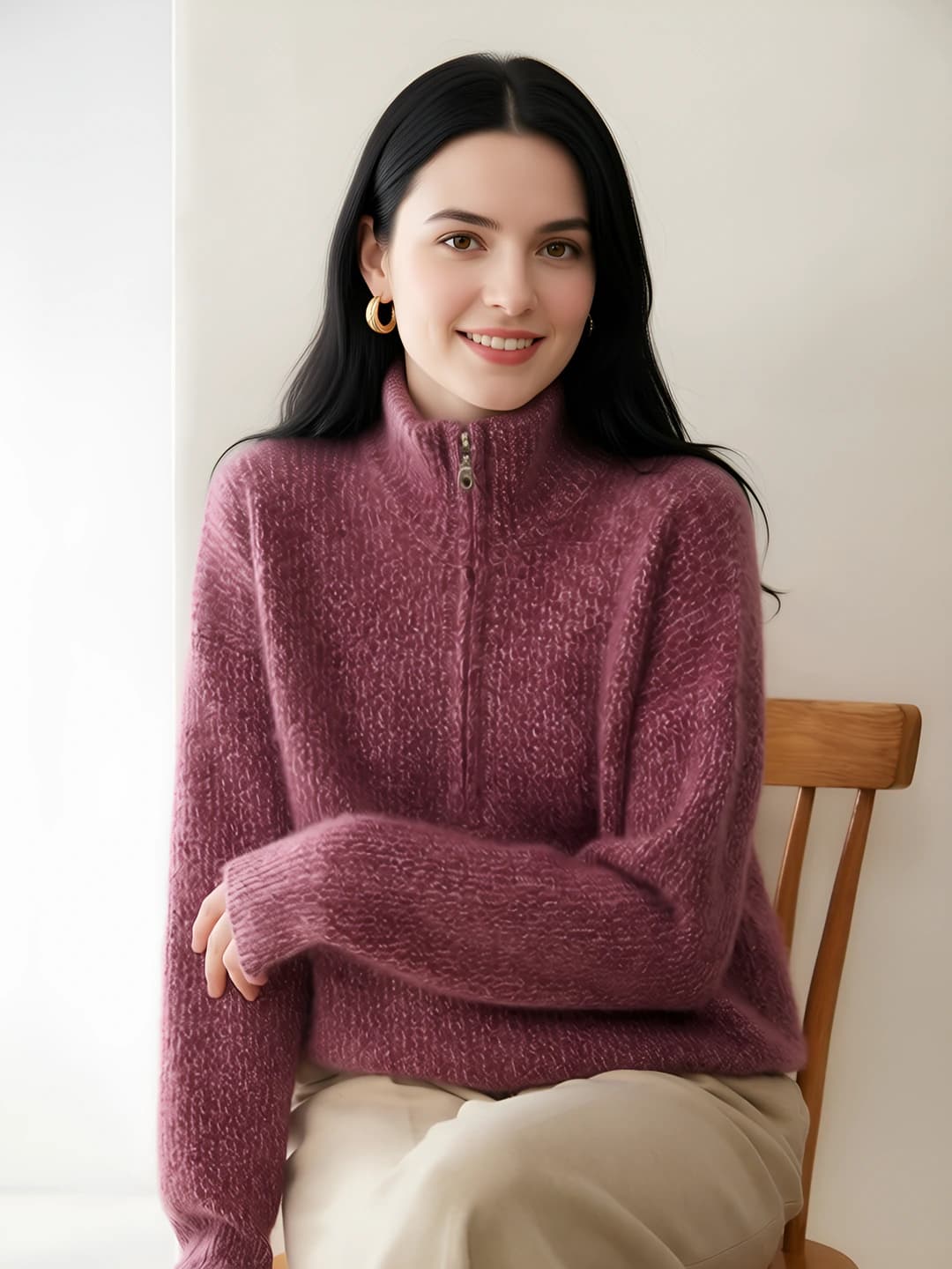Women's cashmere sweater, lapel collar, zip, thickened, loose fit, long sleeve, autumn-winter