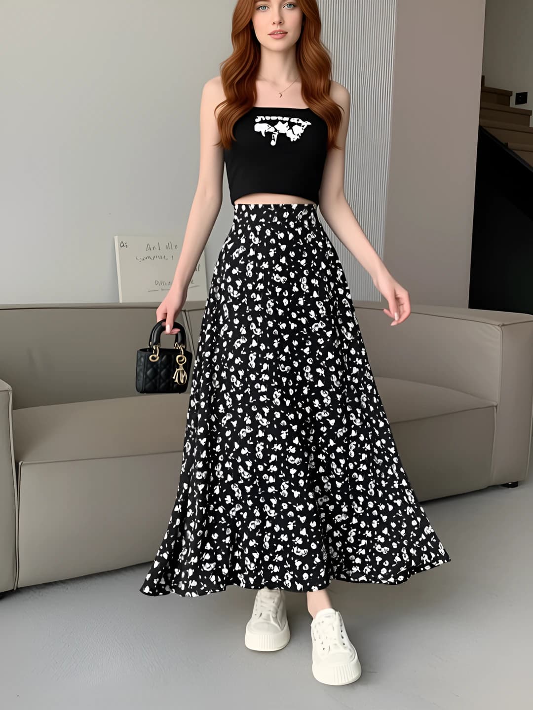 Women's A-line floral mid-length skirt spring-summer for petite loose fit high waist slimming