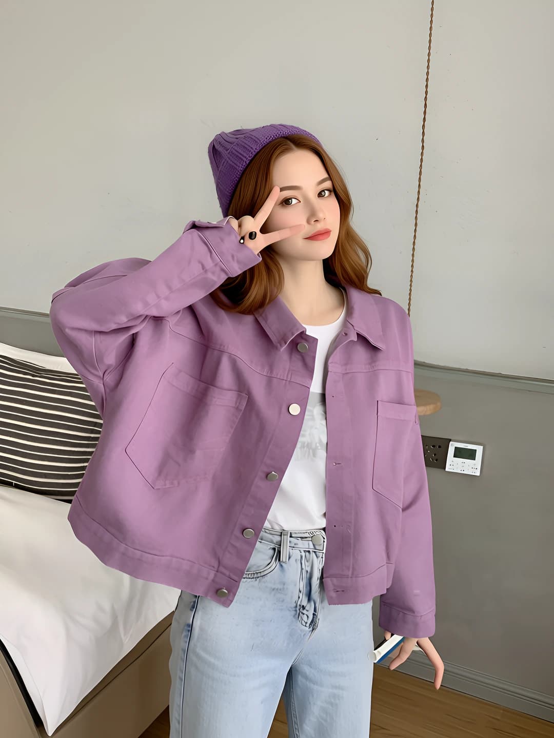 Ayollar uchun 2026 bahorgi binafsha rangli denim kurtka, kalta, bo'sh (oversize) kesim, retro, kundalik, uzun yeng, qaytarma yoqa