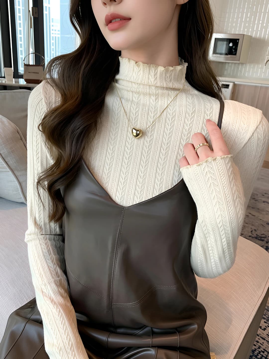 Women's striped knitted top with mock neck, long sleeve, slim fit, autumn-winter