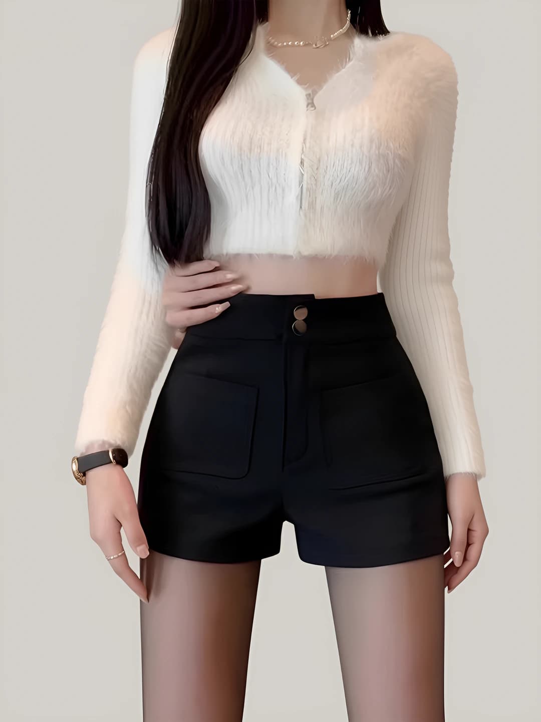 Women's black A-line casual shorts, spring, high waist, petite, straight cut, stretch, retro