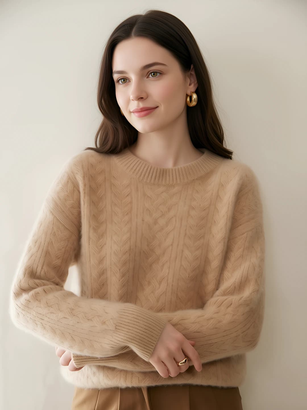 Women's cashmere sweater, crew neck, thickened, loose fit, cable knit, long sleeve, casual style