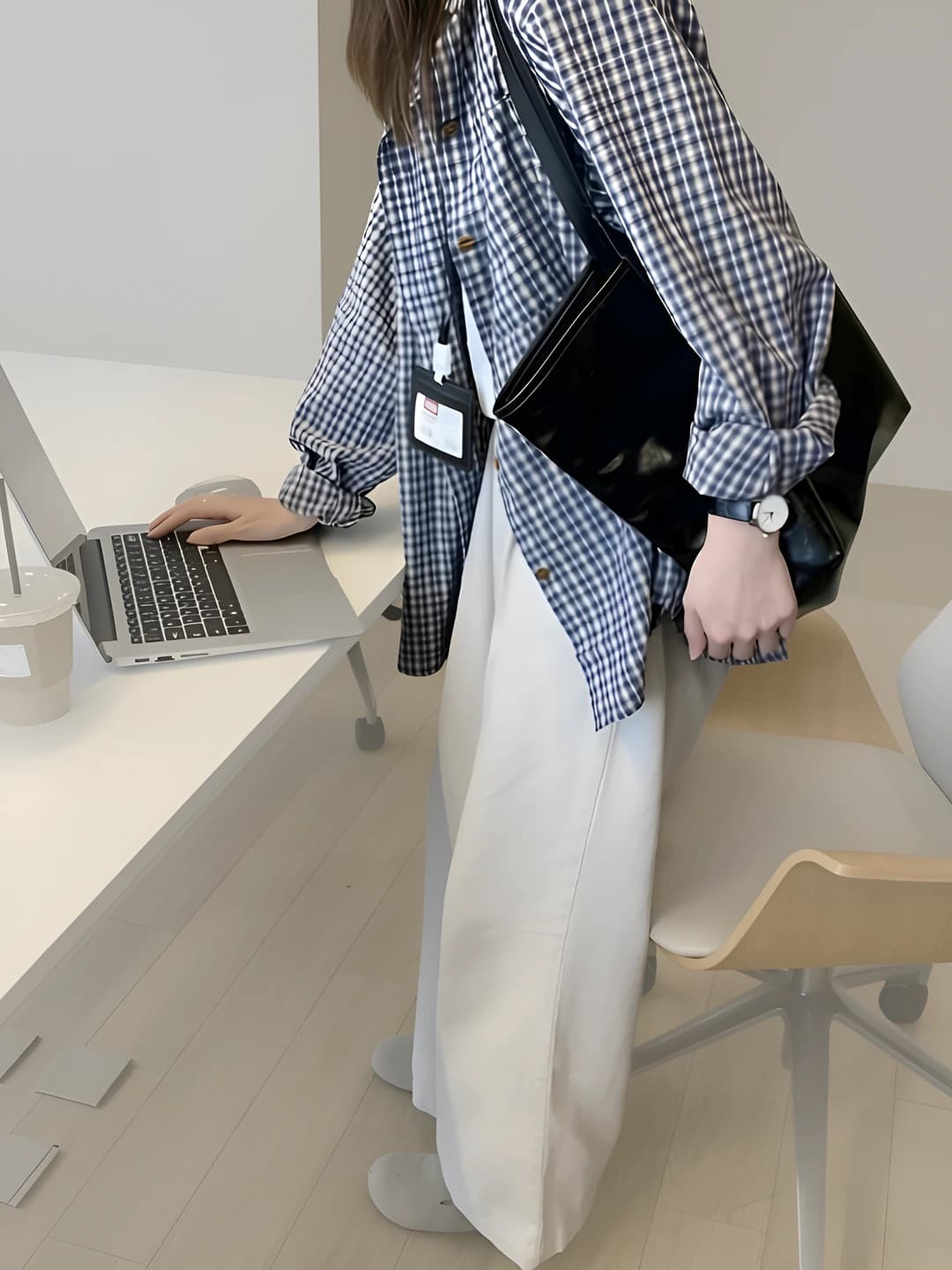 Women's spring-summer casual retro checked shirt, long sleeve, loose fit, lapel collar, blue