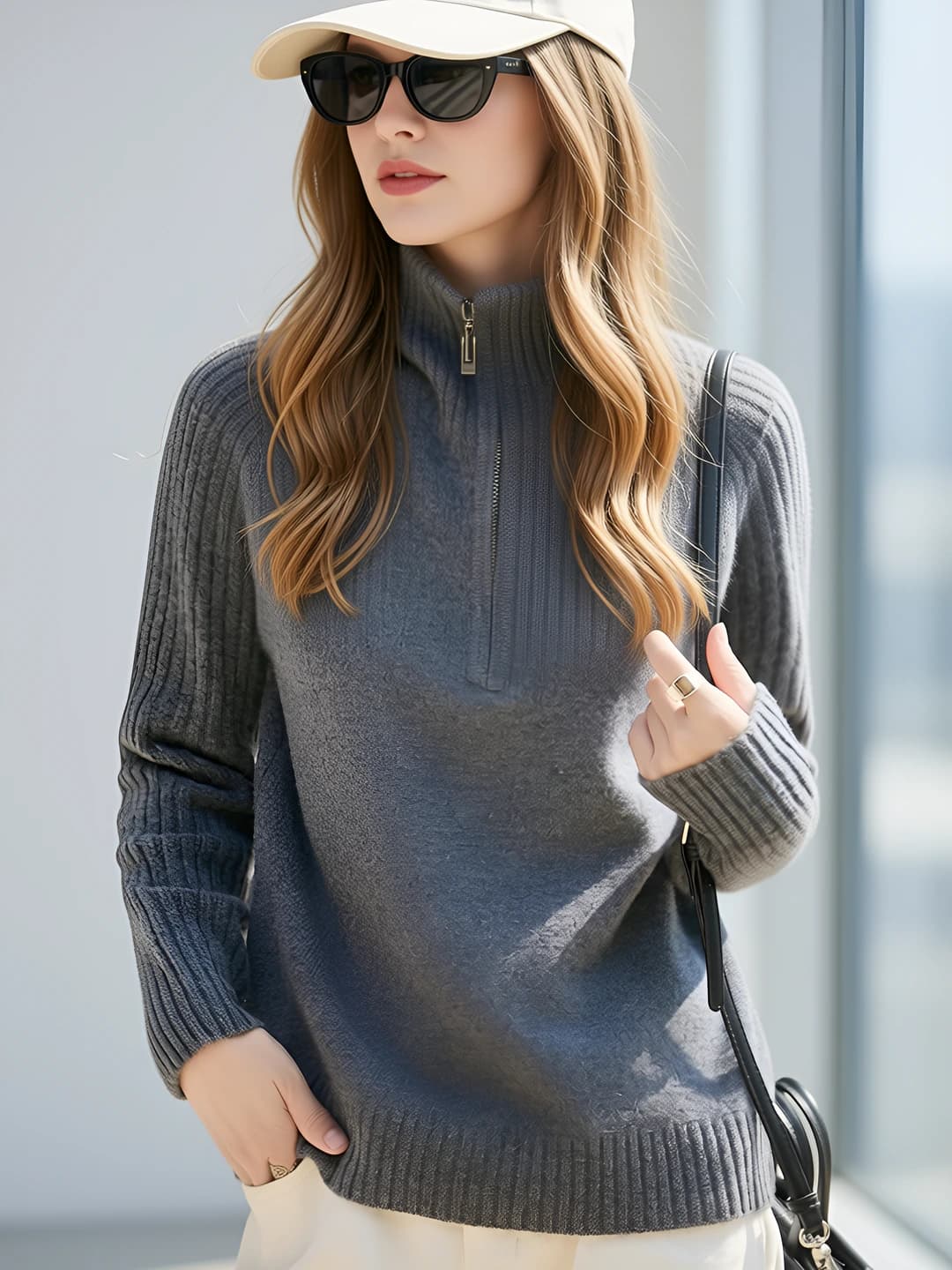 Women's 100% wool sweater for autumn-winter, half-zip collar, solid colour, loose fit, long sleeve, casual style