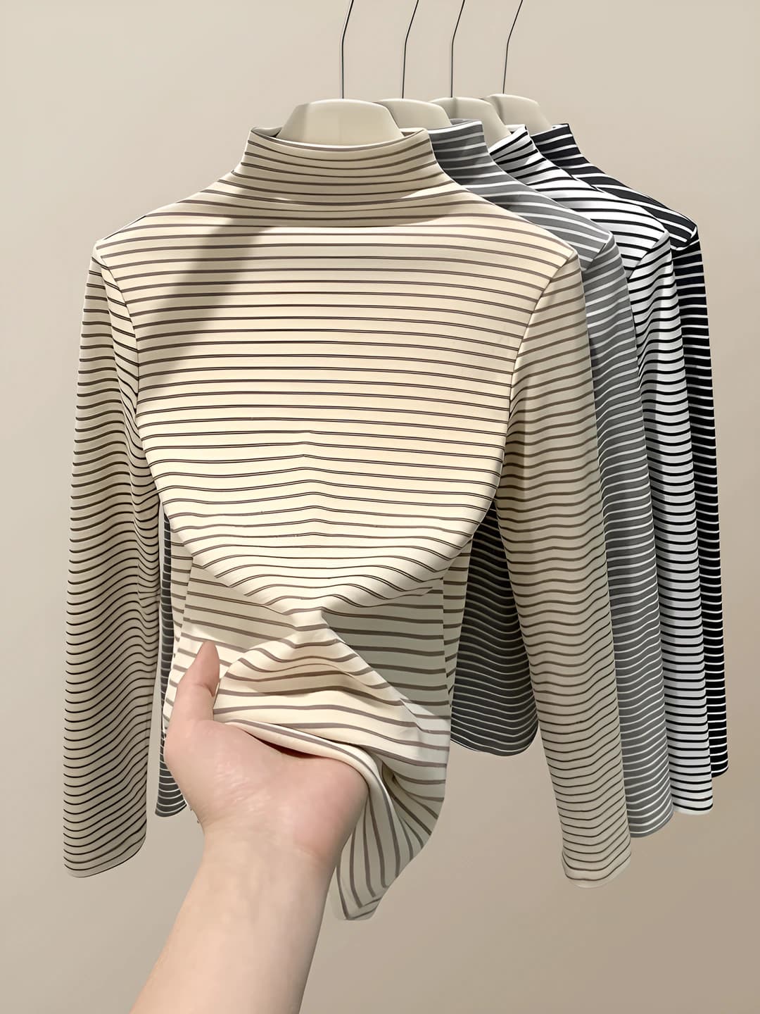 Women's long-sleeve striped top with mock neck, Korean style, casual
