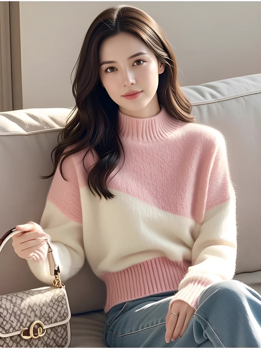Women's autumn-winter sweater: loose fit, long sleeve, crew neck, thick fabric, pink color