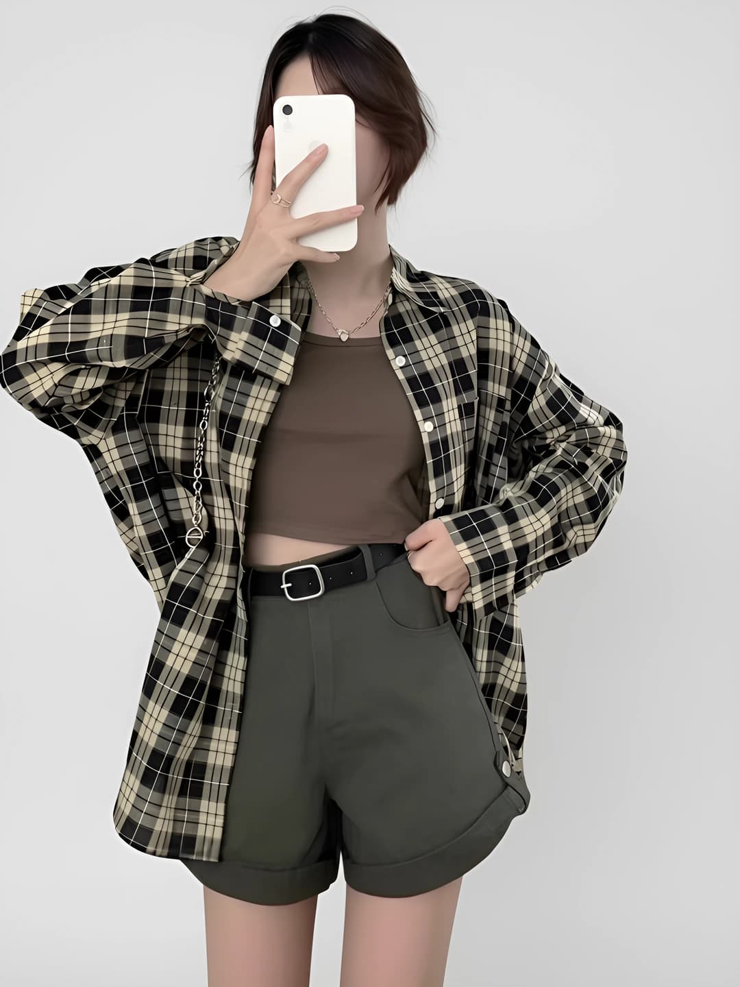 Women's retro checked shirt, spring-summer, Korean style, loose fit, long sleeve, mid-length, sun-protective, for petite