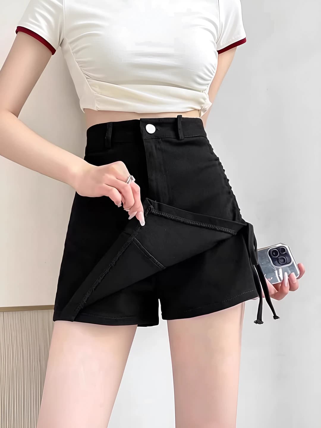 Women's summer plus size mini A-line skirt, black, high waist, slimming, stretch, casual style