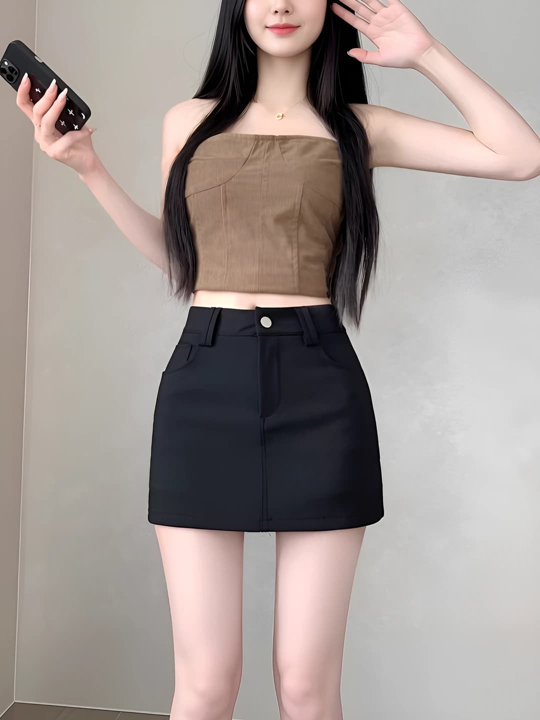 Women's straight mini skirt, 2026, petite, A-line, khaki, casual