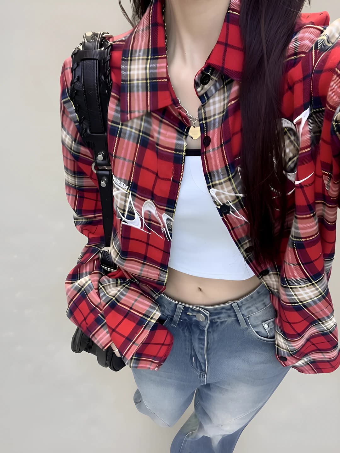Women's retro red checked long-sleeve shirt, petite, loose fit, spring-summer