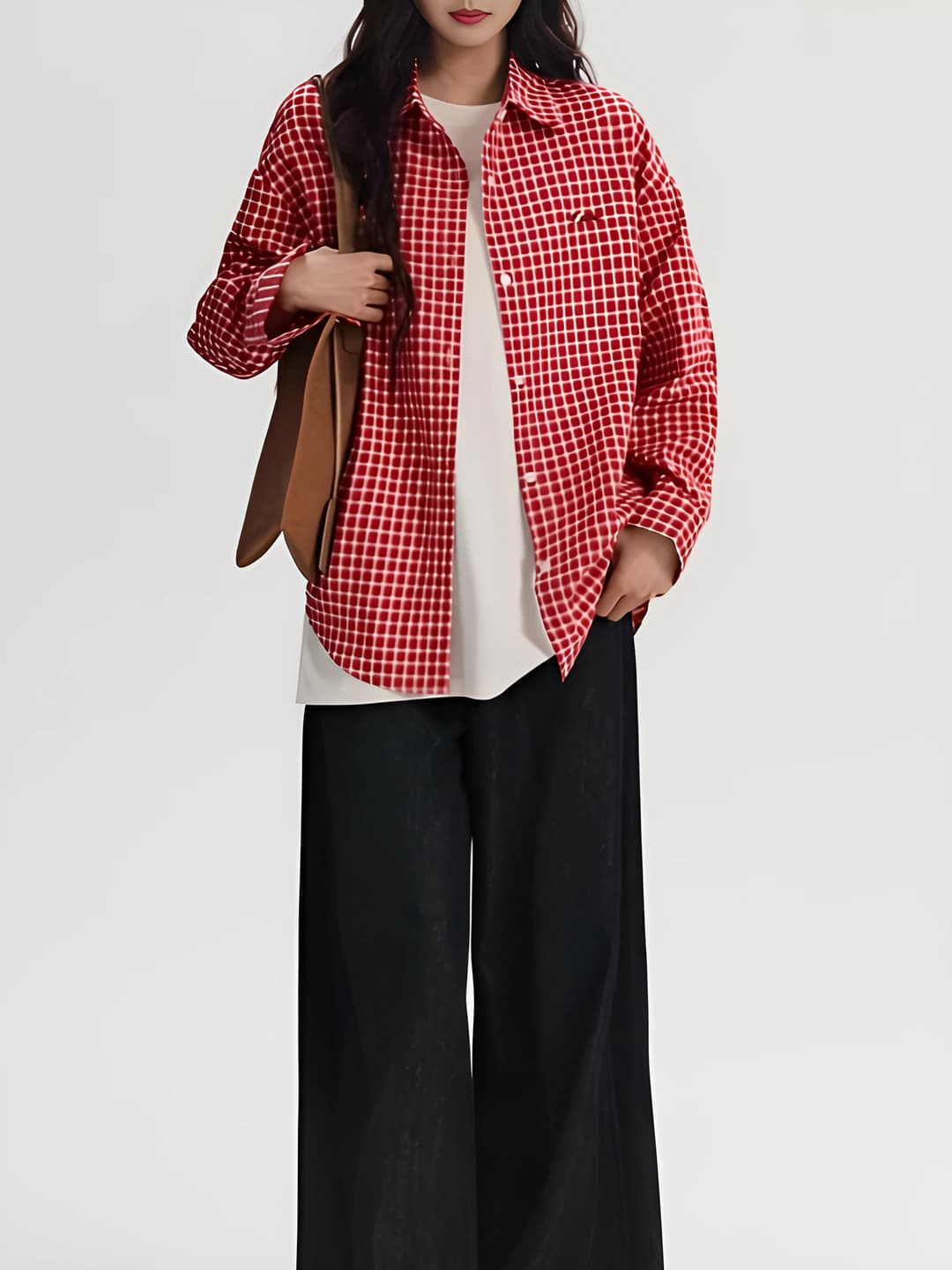 Women's checked long-sleeve shirt, retro style, loose fit, POLO collar, for spring-autumn