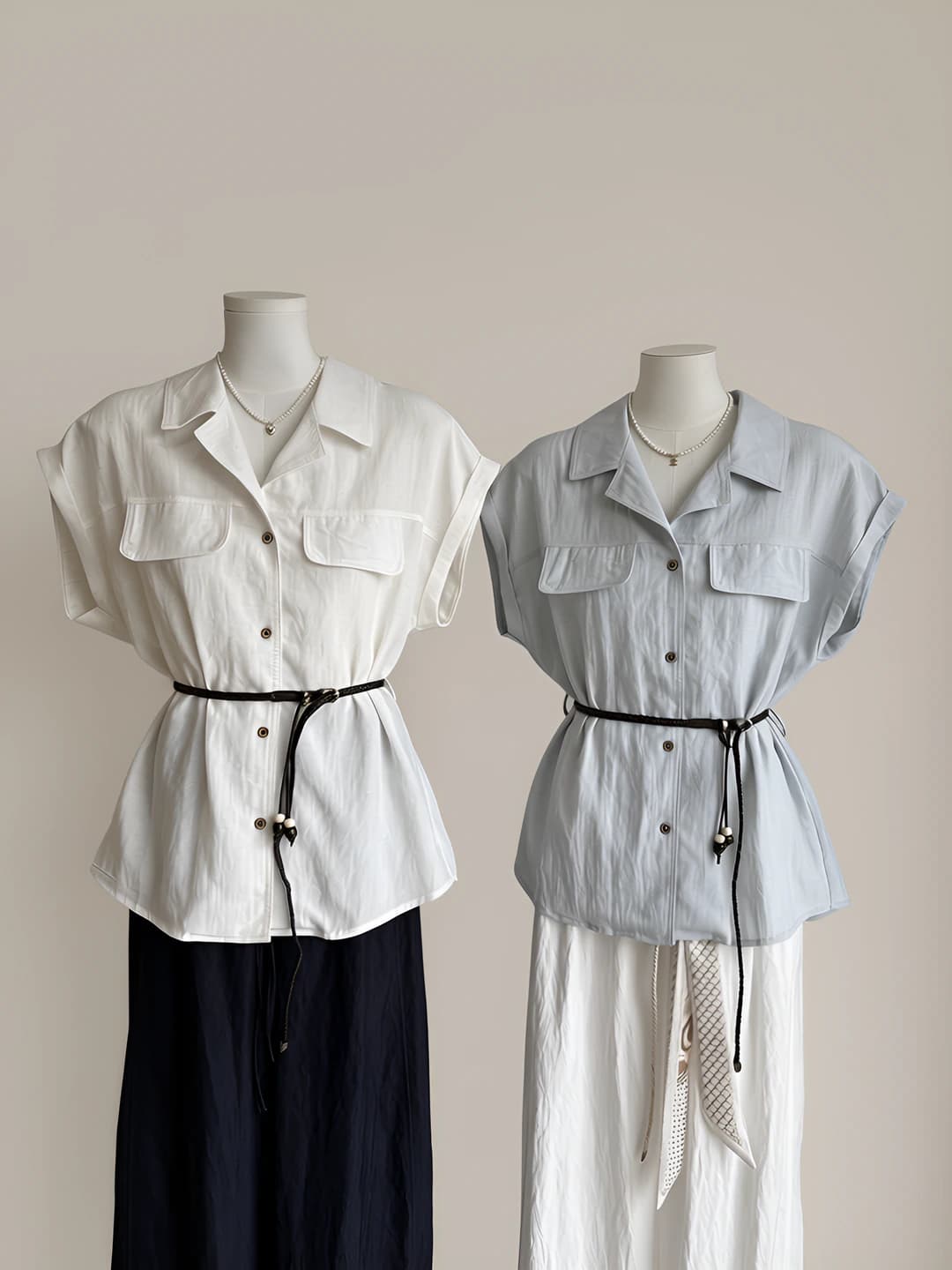 Women's summer Korean style blouse with lapel collar, short sleeve, slimming fit, solid colour