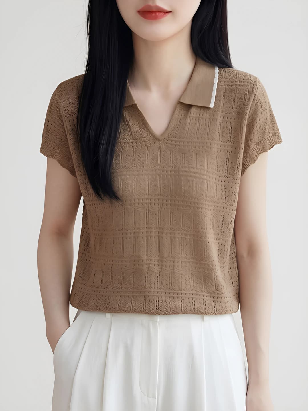 Women's 2026 spring-summer knit top, short sleeve, lapel collar, loose fit, Tencel, t-shirt