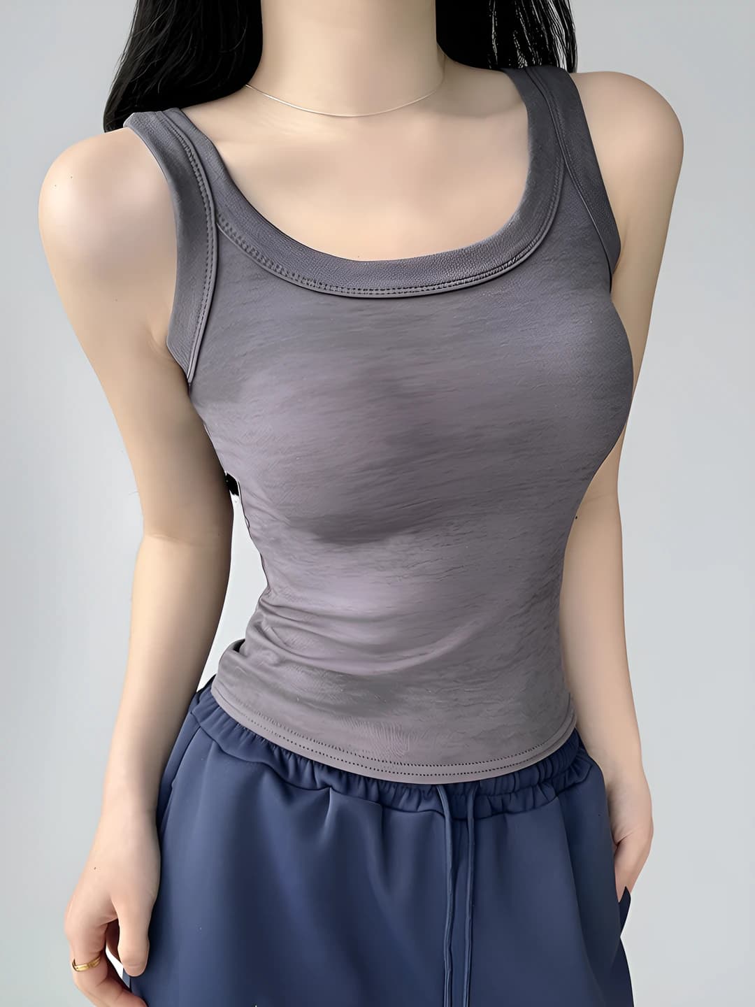 Women's summer sleeveless tank top, slim fit, slimming effect, water mark pattern, square neckline, casual style