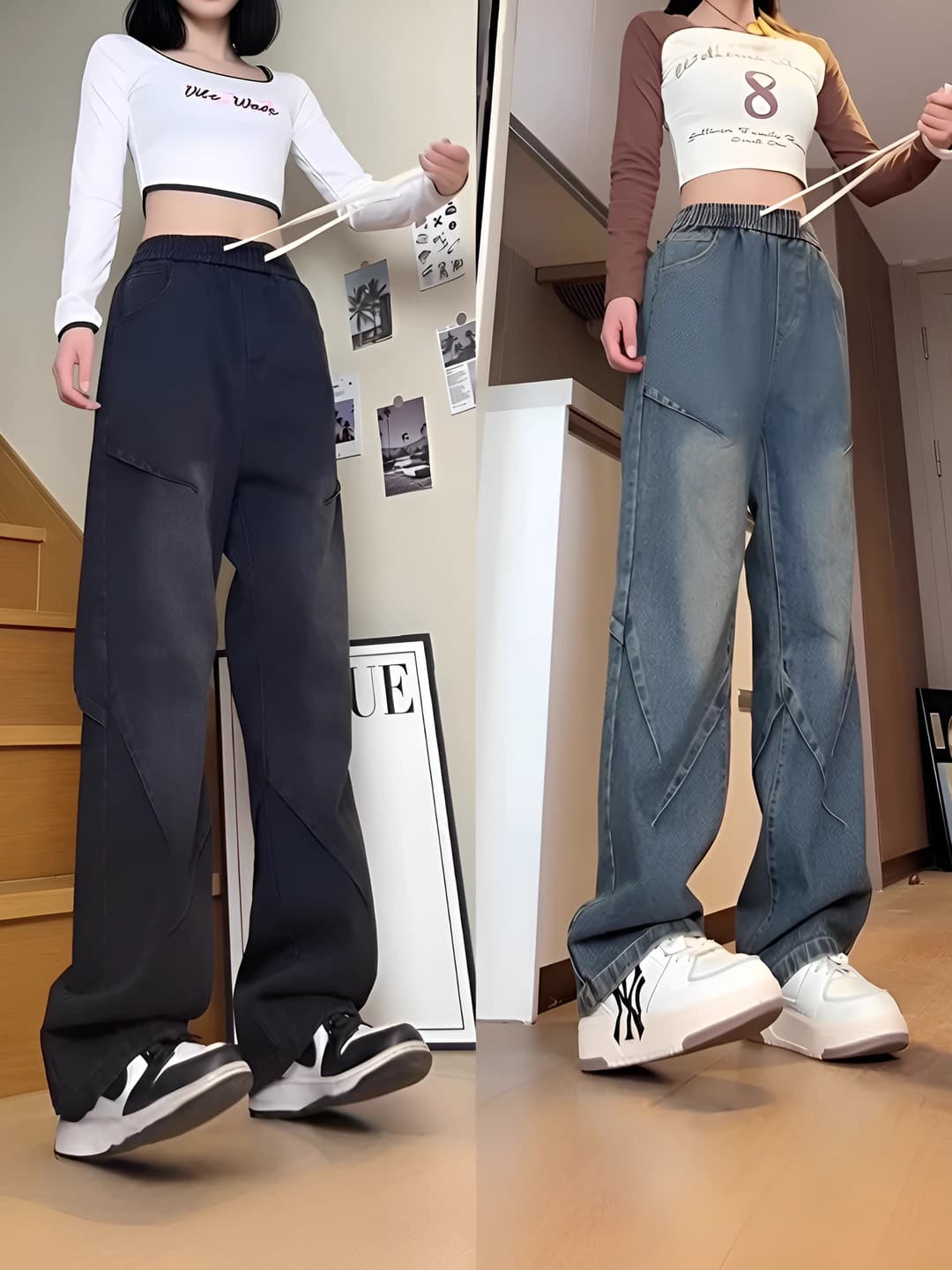 Ayollar uchun bahor-kuz retro keng va klesh jinsi shim, to'g'ri kesim, bo'sh (oversize), katta o'lcham, elastik bel, kundalik