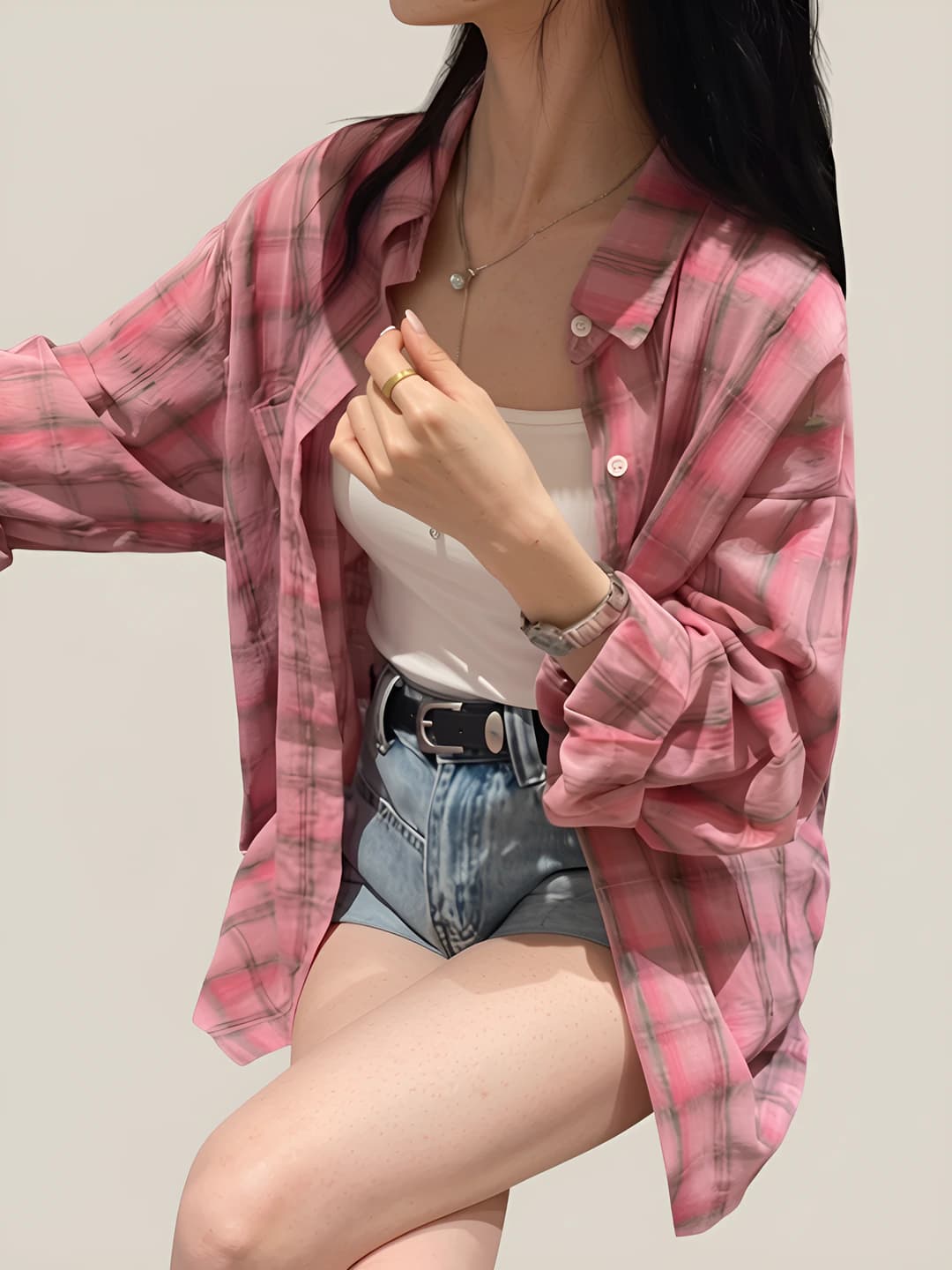 Women's Korean style checked long sleeve shirt, spring-summer, loose fit, breathable, sun-protective