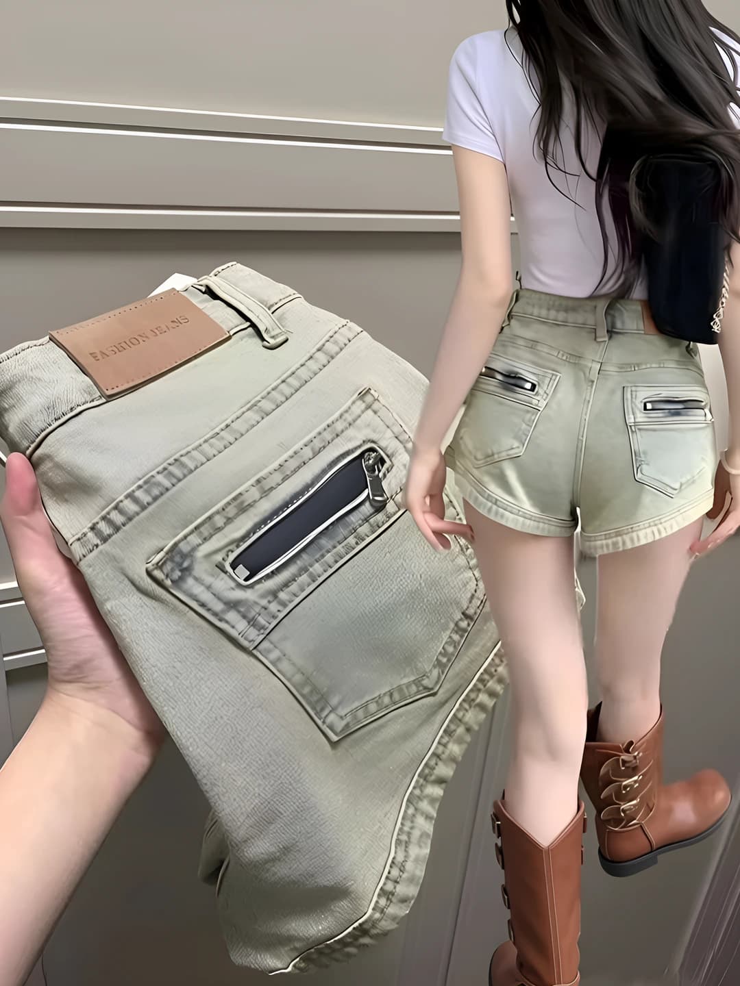 Ayollar uchun baland belli elastik jinsi shorti, retro, to'g'ri kesim, nozik ko'rsatadigan, keng shim, yozgi