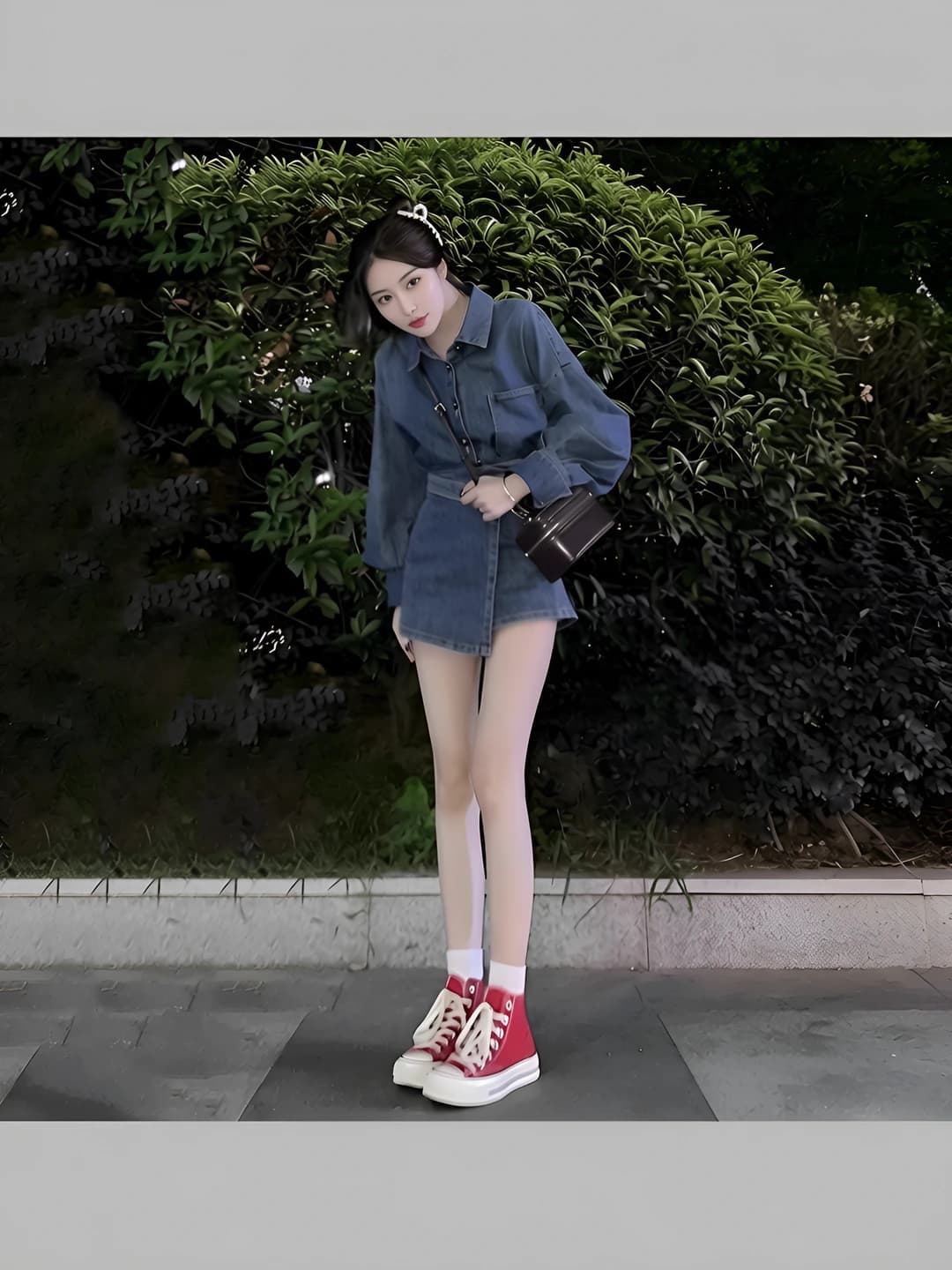 Women's plus size denim two-piece set (long-sleeve shirt and mini skirt), tummy control and slimming, spring-autumn 2026