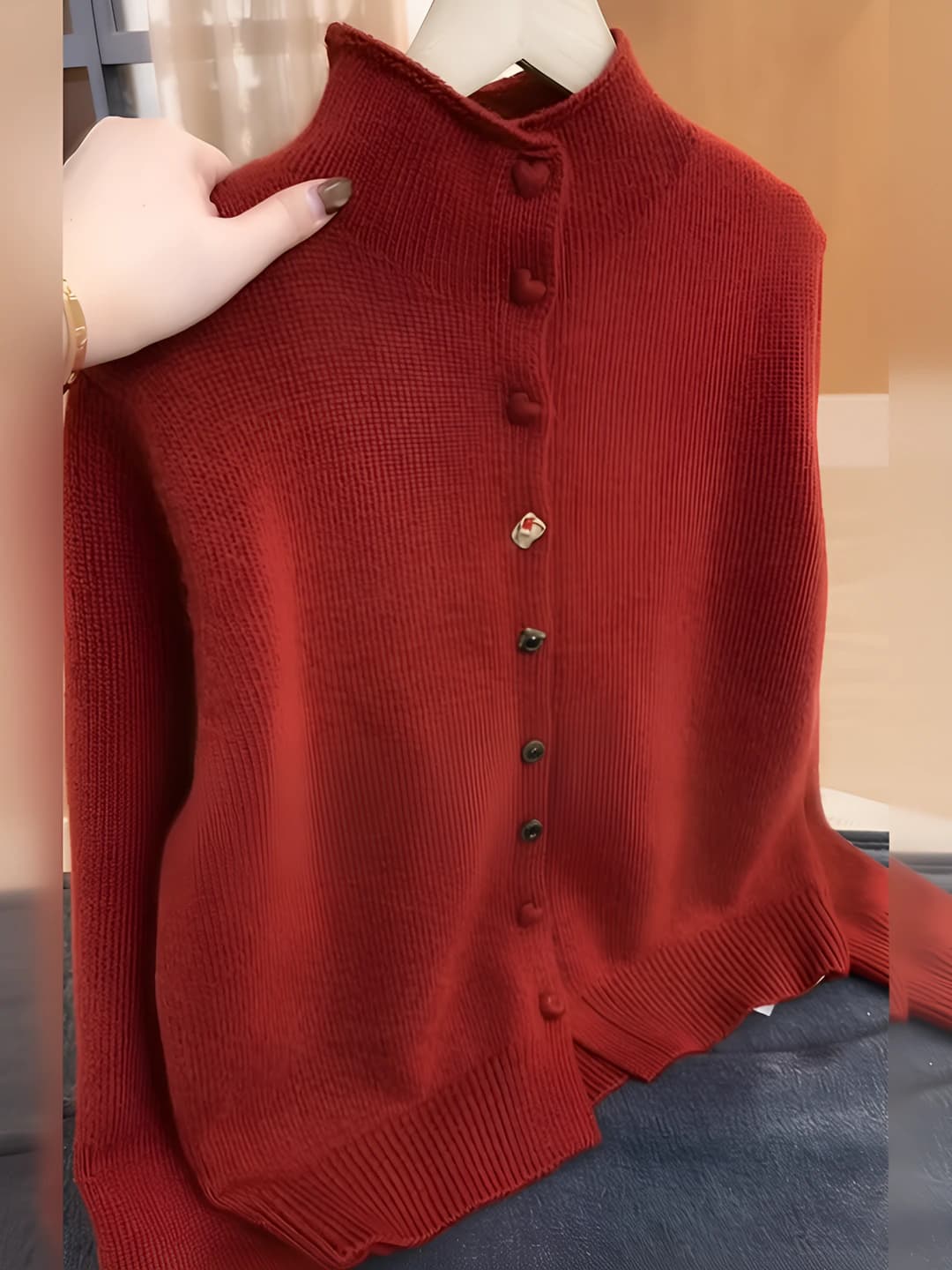 Women's 2026 spring-autumn knit cardigan, loose fit, stand collar, long sleeve, single-breasted closure, thick, fashionable