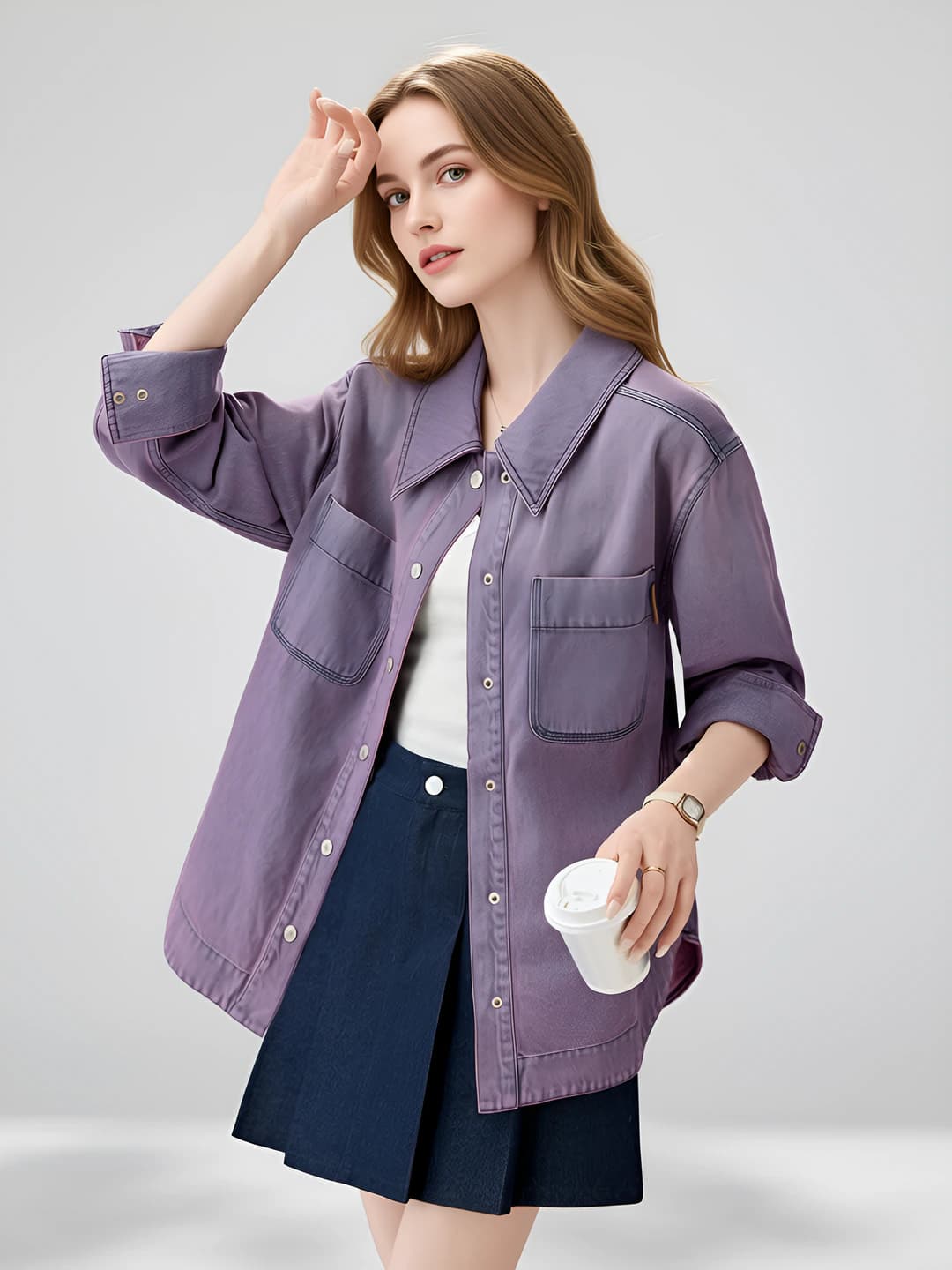 Ayollar uchun sof paxta retro uslubdagi uzun yengli qaytarma yoqali bo'sh denim ko'ylak