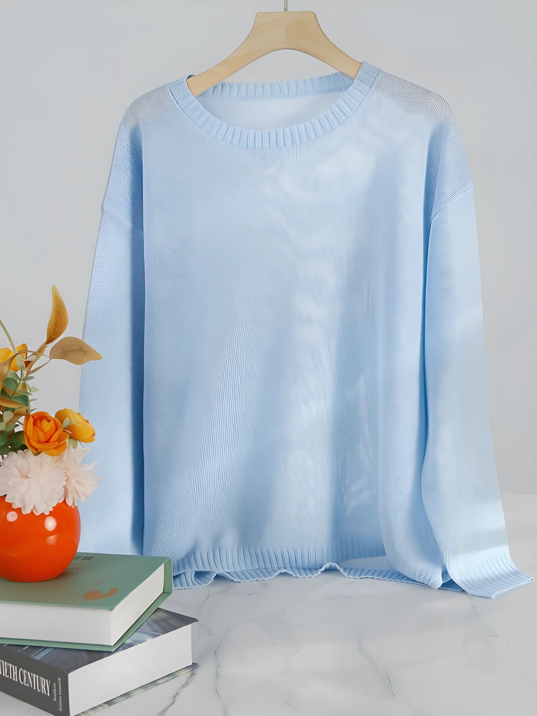 Women's spring crew neck knit pullover sweater, loose fit, long sleeve, solid colour, 81% lyocell, 19% polyester