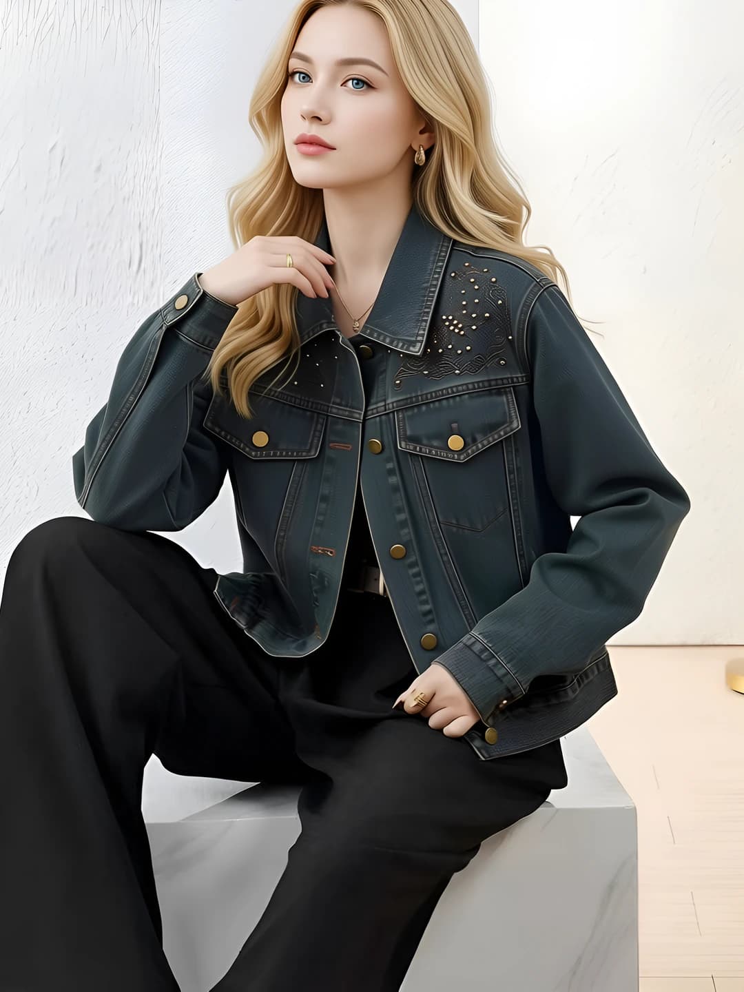 Women's spring-autumn retro loose fit denim jacket, long sleeve, POLO collar, for petite