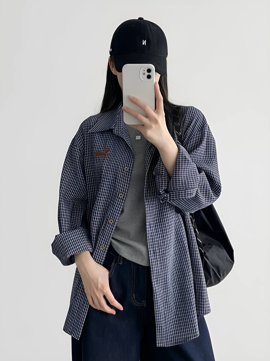 Women's spring-summer retro embroidered checked shirt, long sleeve, loose fit, mid-length, POLO collar, casual