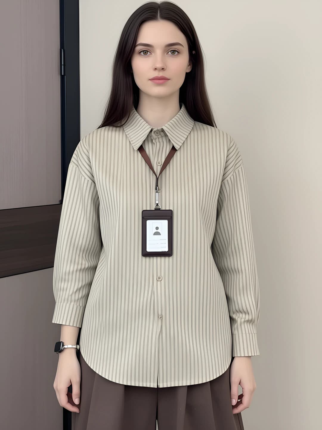 Women's striped long-sleeve button-up shirt with lapel collar, spring-autumn, preppy style, loose fit, mid-length
