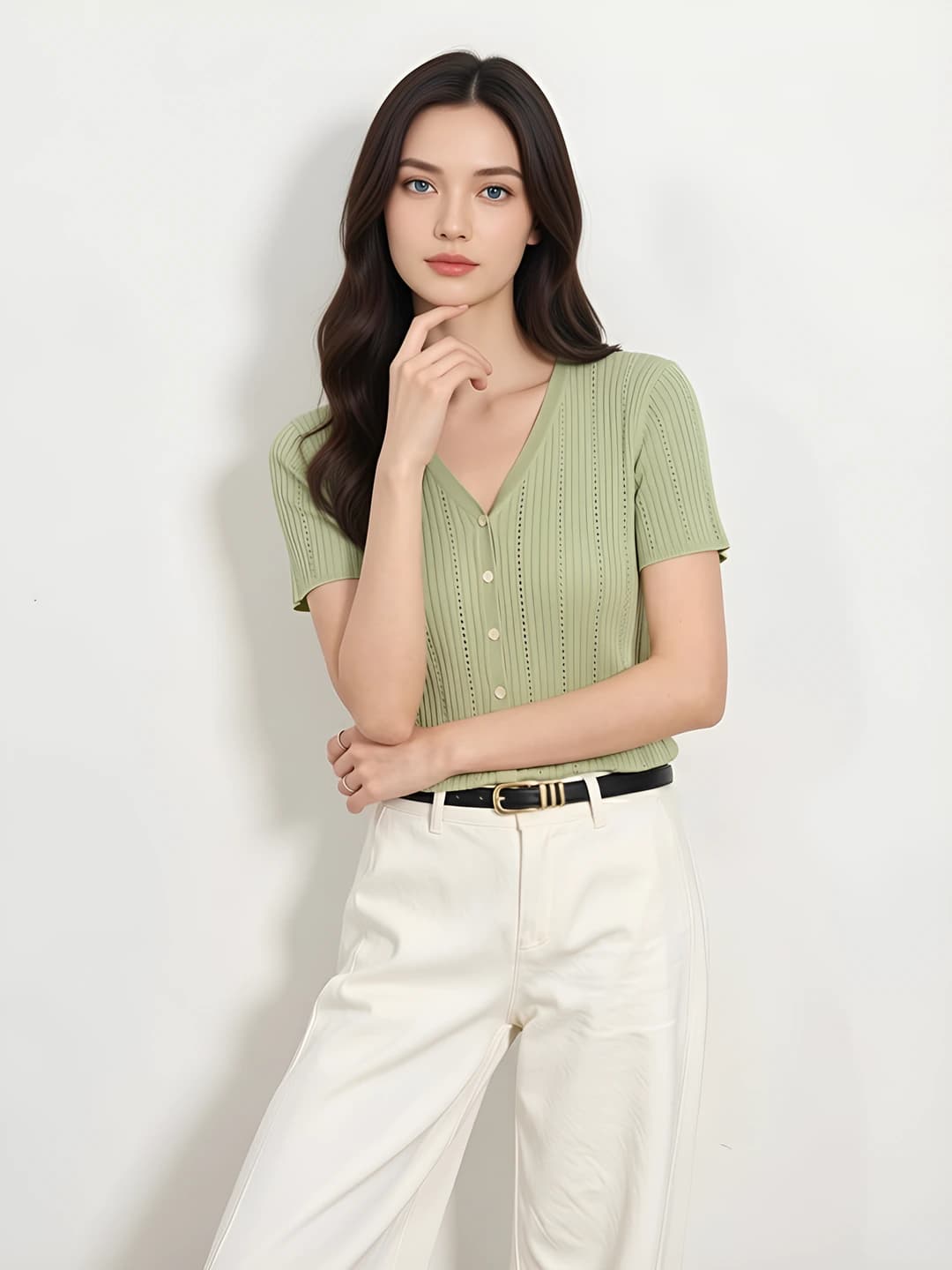 Women's summer thin knit cardigan with V-neck, short sleeve, breathable, slimming, solid colour, 67.5% lyocell, 26.7% cotton