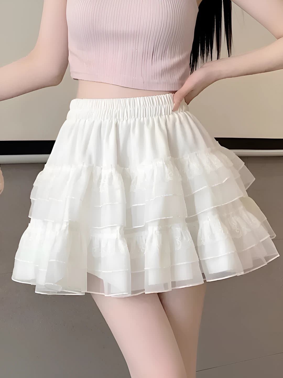 Women's petite spring-autumn high waist slimming mini skirt, lace and mesh, A-line tiered ruffle skirt