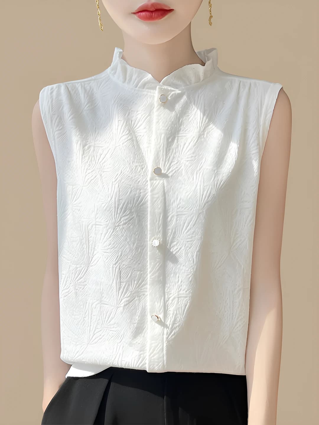 Women's sleeveless blouse, mock neck, stand collar, wool, solid colour, tank top, cardigan