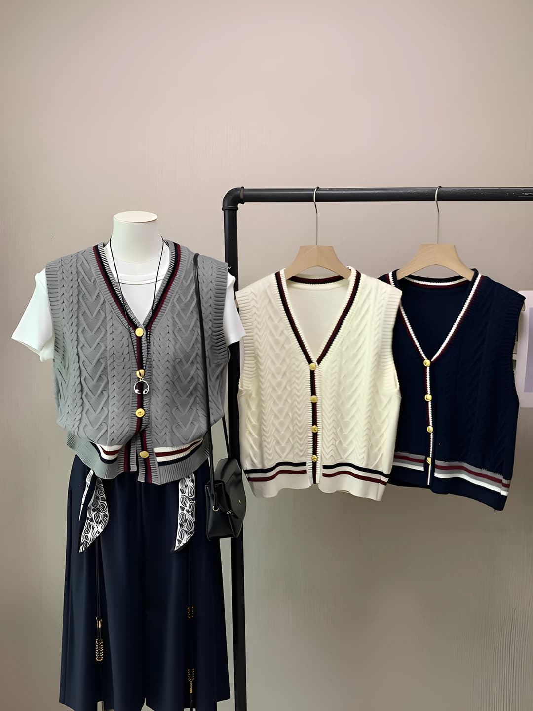 Women's Korean style V-neck striped cropped knitted vest for autumn 2026