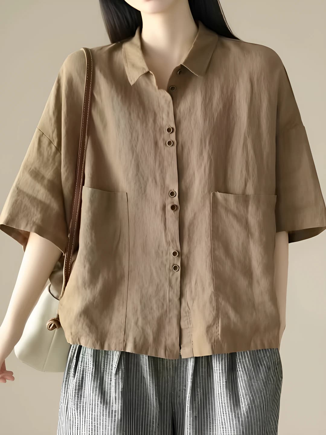 Ayollar uchun retro uslubdagi yozgi kalta yengli paxta-azor ko'ylak, bo'sh (oversize) kesim, POLO yoqa, kundalik, katta o'lcham